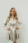 Shinny Cuff Long Sleeve Front Button Mini Dress w Belt