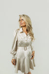 Shinny Cuff Long Sleeve Front Button Mini Dress w Belt