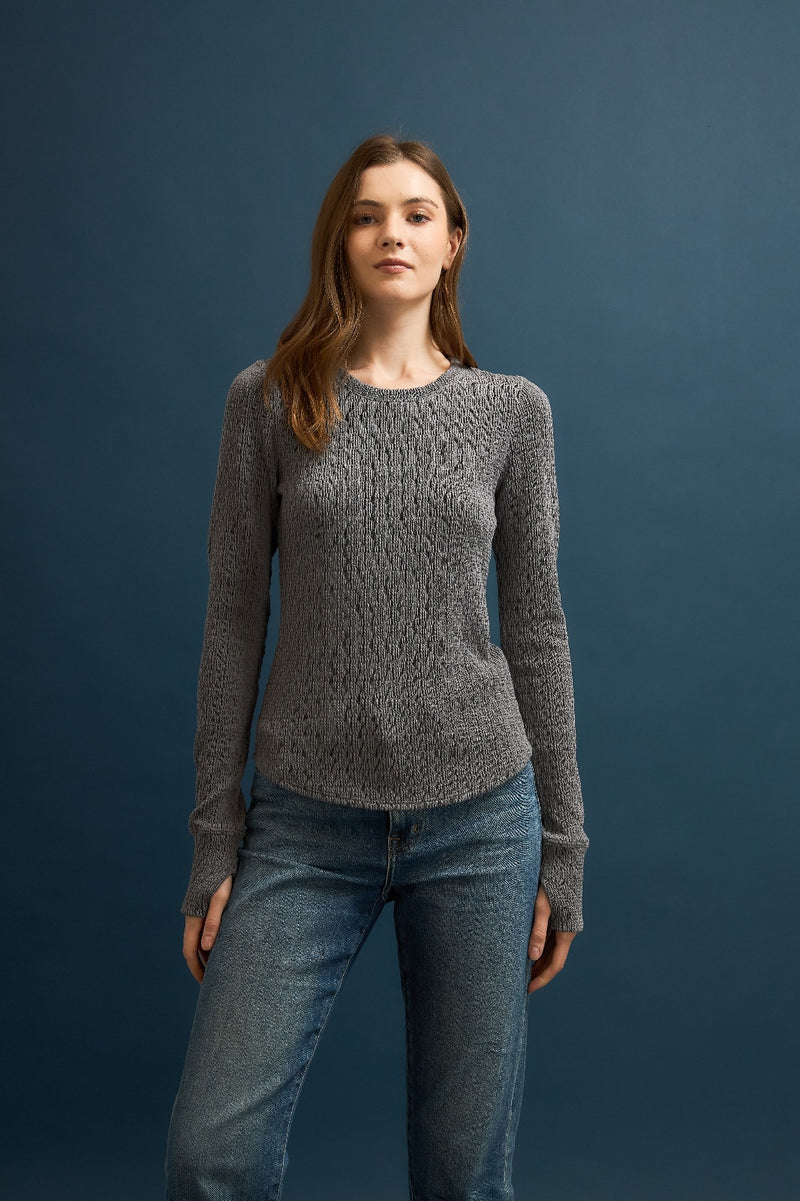 Puckered Jacquard Crew Neck Long Sleeve Top