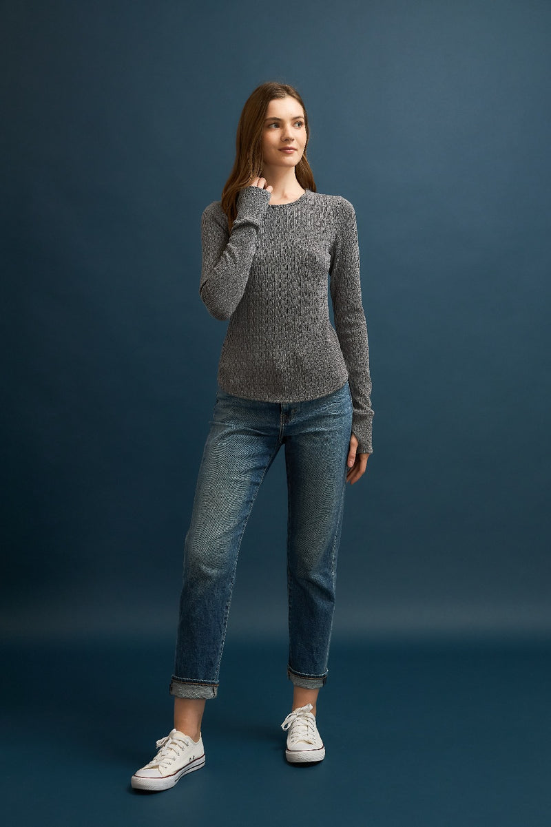 Puckered Jacquard Crew Neck Long Sleeve Top