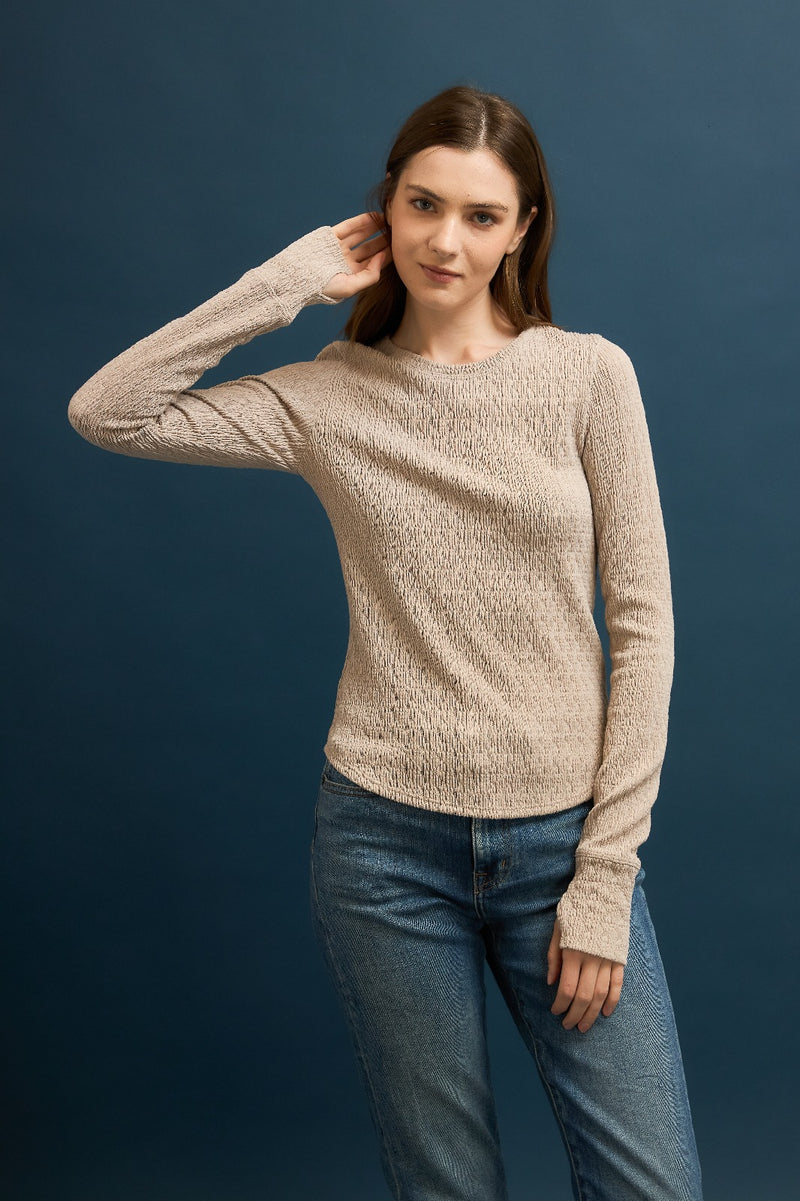 Puckered Jacquard Crew Neck Long Sleeve Top