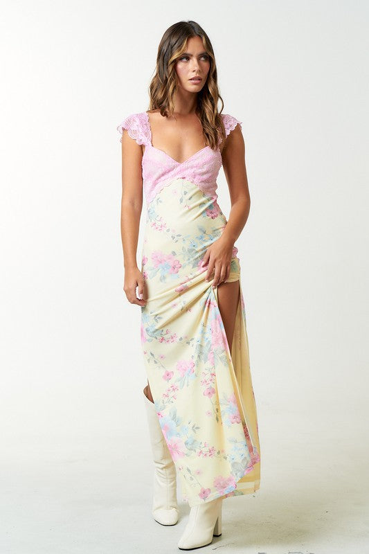 Mesh Floral Lace Side Slit Maxi Dress
