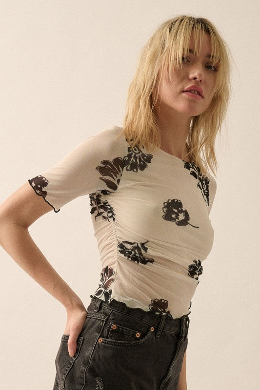 Floral Mesh Ruched Cropped Top