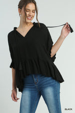 Half Sleeve Top With Front Tassel & Ruffle Hem