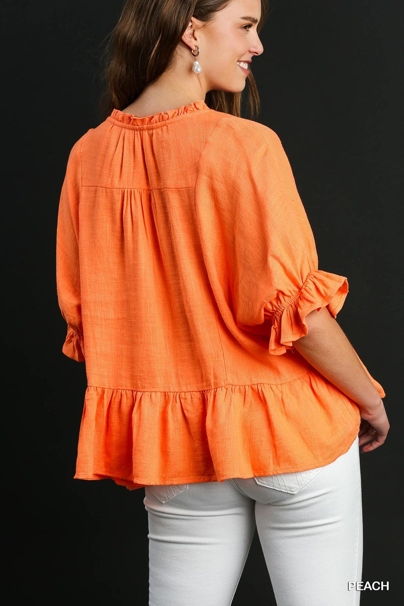 Half Sleeve Top With Front Tassel & Ruffle Hem