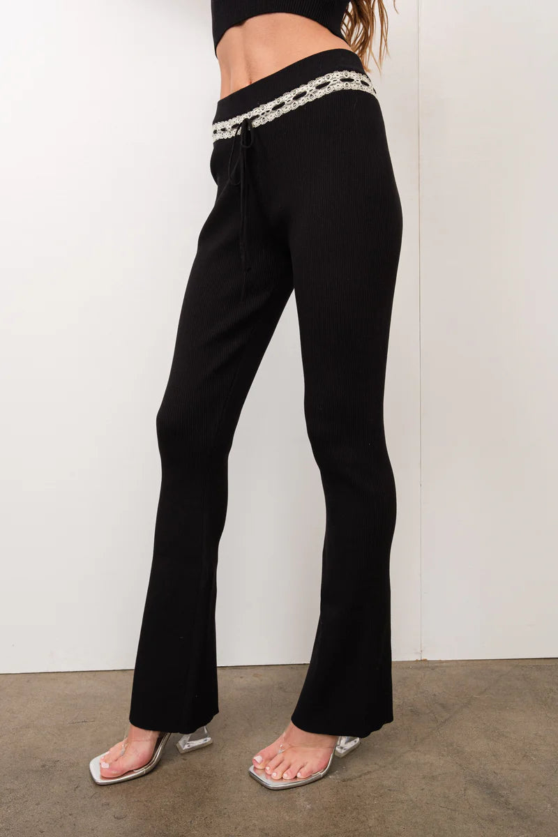 Lace Trim Ribbed Knit Pants