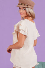 Ruffle Sleeve Wrinkled Cotton Gauze Top