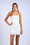 Smocked Body Lace Trim Frill Down Mini Dress