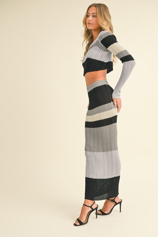 Striped Knit Crop Top And Maxi Skirt Set