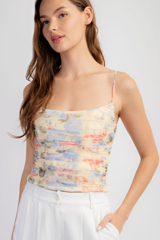 Floral Mesh Shirred Top