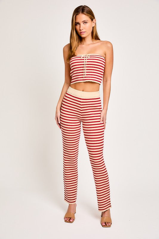 Striped Rib Tube Top With High Waisted Pants