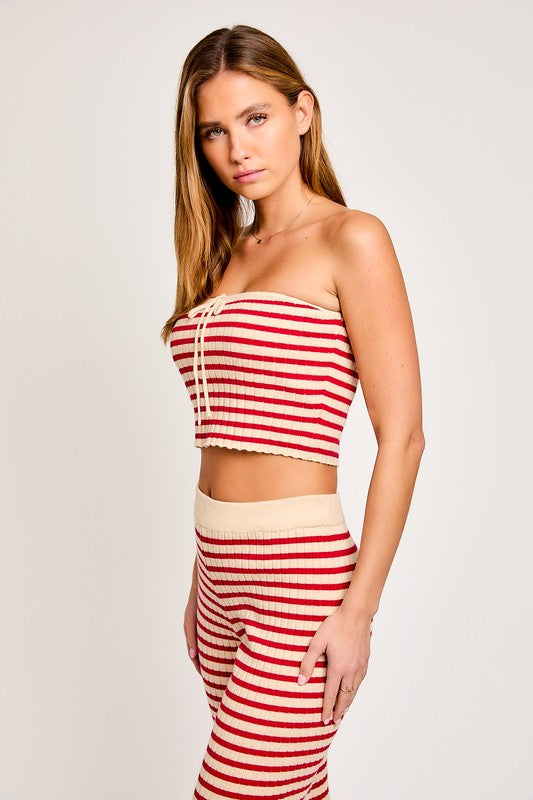 Striped Rib Tube Top With High Waisted Pants