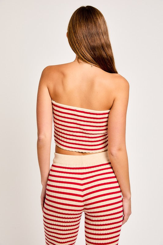 Striped Rib Tube Top With High Waisted Pants