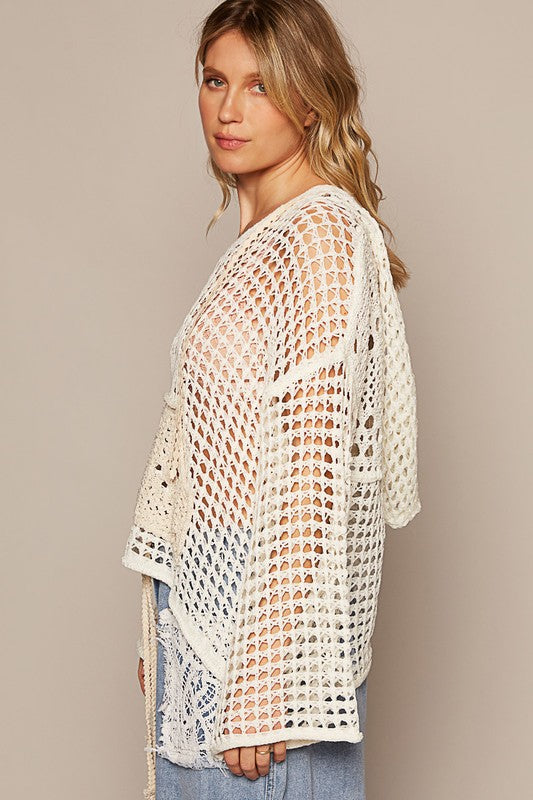 V-Neck Crochet Front Pocket Sweater
