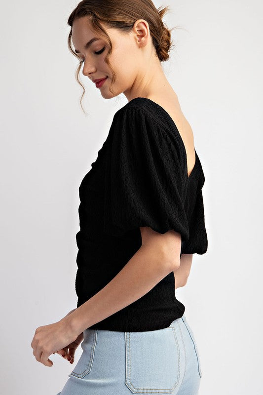 Solid Ruched Puff Sleeve Top