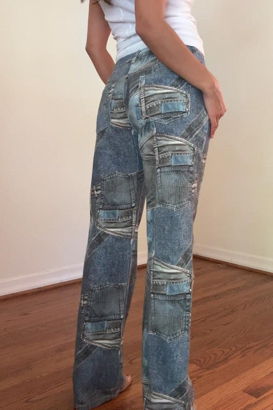 Denim Print Low Rise Pants