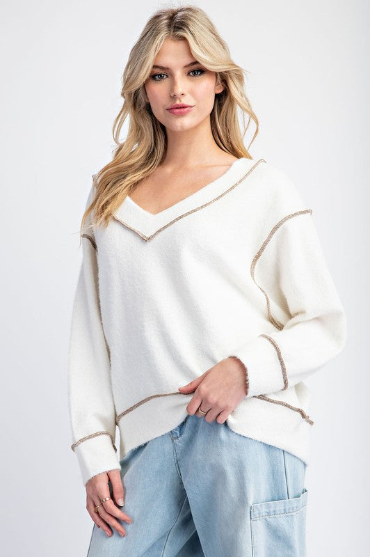 Fuzzy Loose Fit V-Neck Top