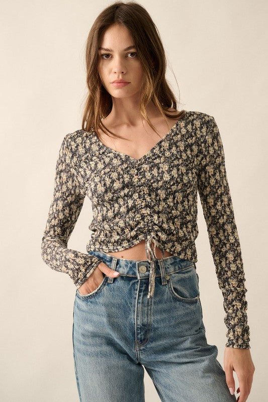 Floral Mesh Smocked Ruched Top