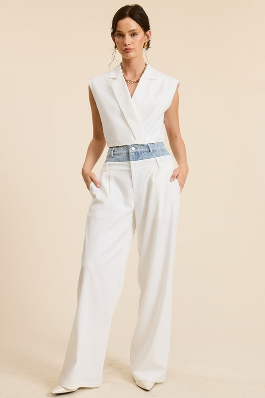 Denim Waistband Solid Wide Leg Trousers