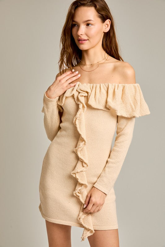 Off Shoulder Ruffled Sweater Dress