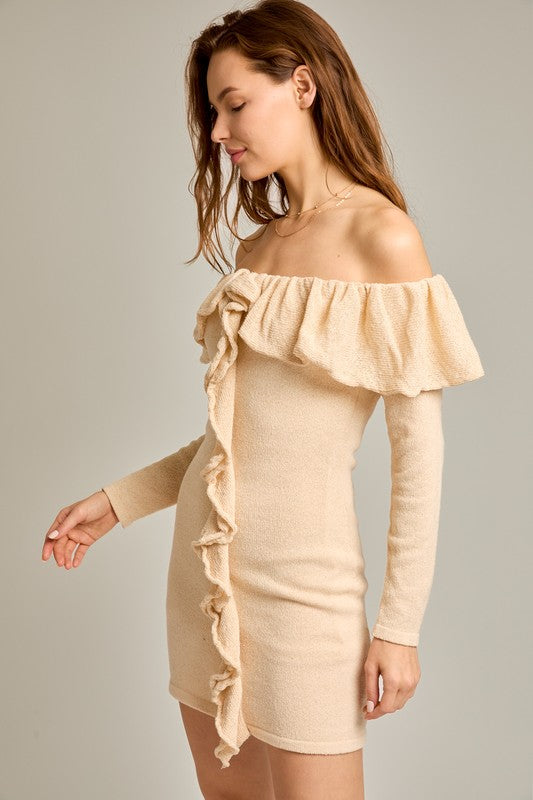 Off Shoulder Ruffled Sweater Dress