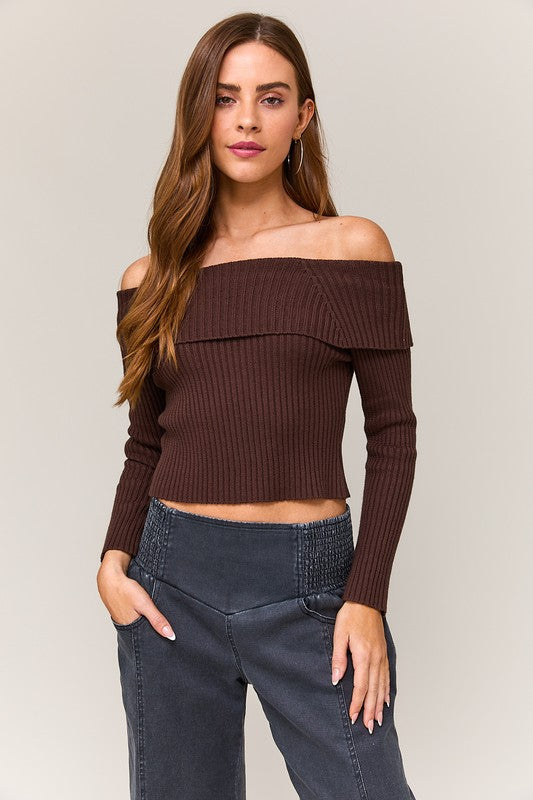 Off Shoulder Bar Back Ribbed Sweater