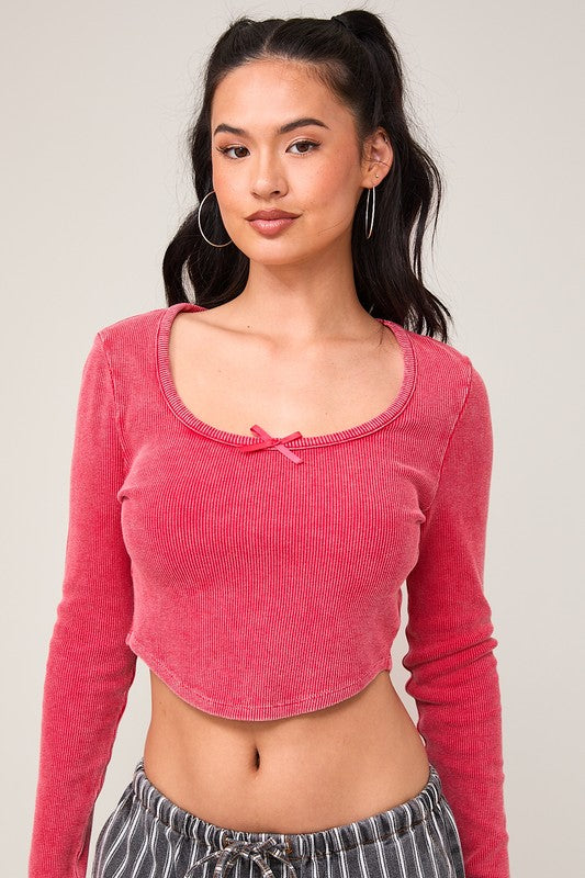 Long Sleeve Scoop Neck Washed Waffle Crop Top