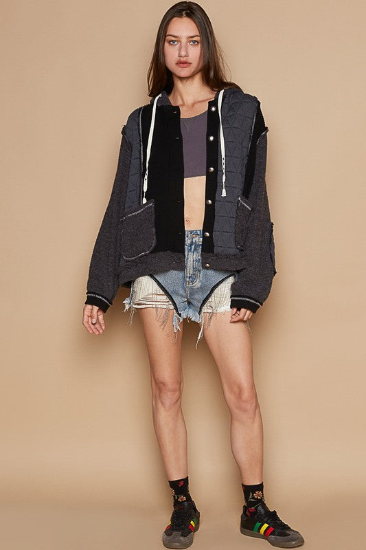 Multi Fabric Hooded Button Shacket