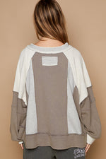 Notched Neck Contrast Fabric Long Sleeve Top