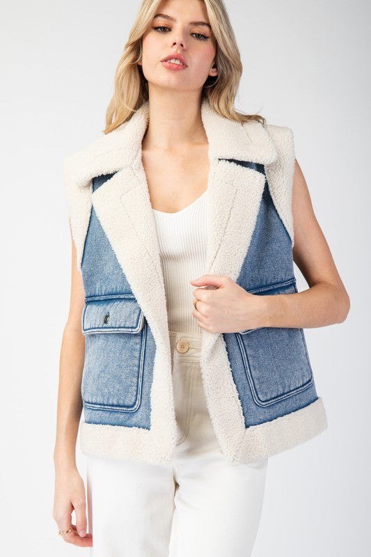 Stone Washed Denim Fur Vest