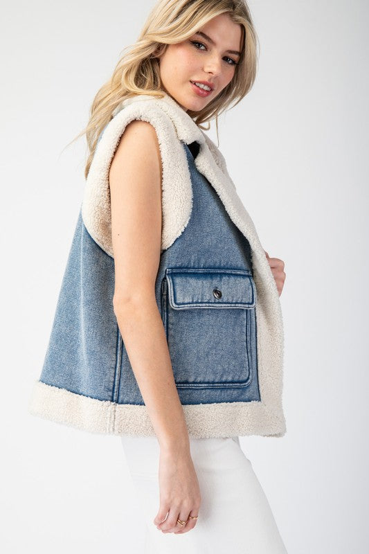 Stone Washed Denim Fur Vest