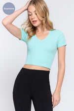Short Sleeve V-Neck Seamless Rib Crop Top