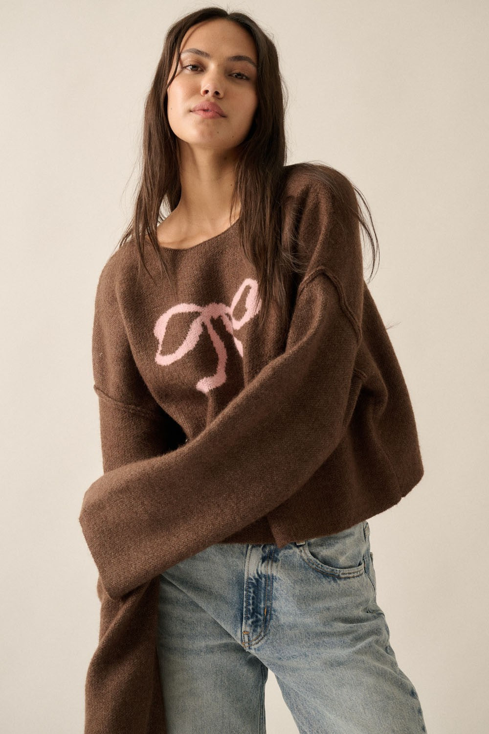 Contrasting Bow-Ribbon Knit Sweater