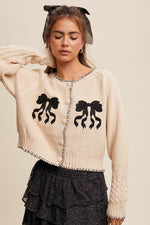 Bow Embroidered Knit Button Up Cardigan