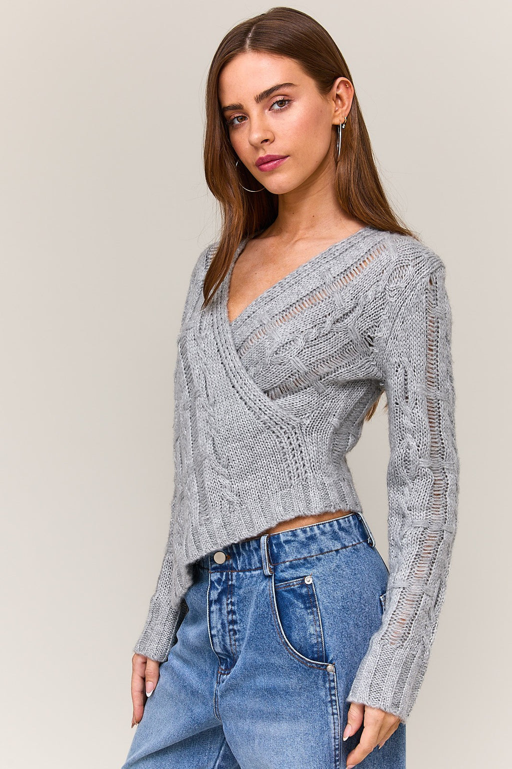 Surplice Neck Cable Sweater Top