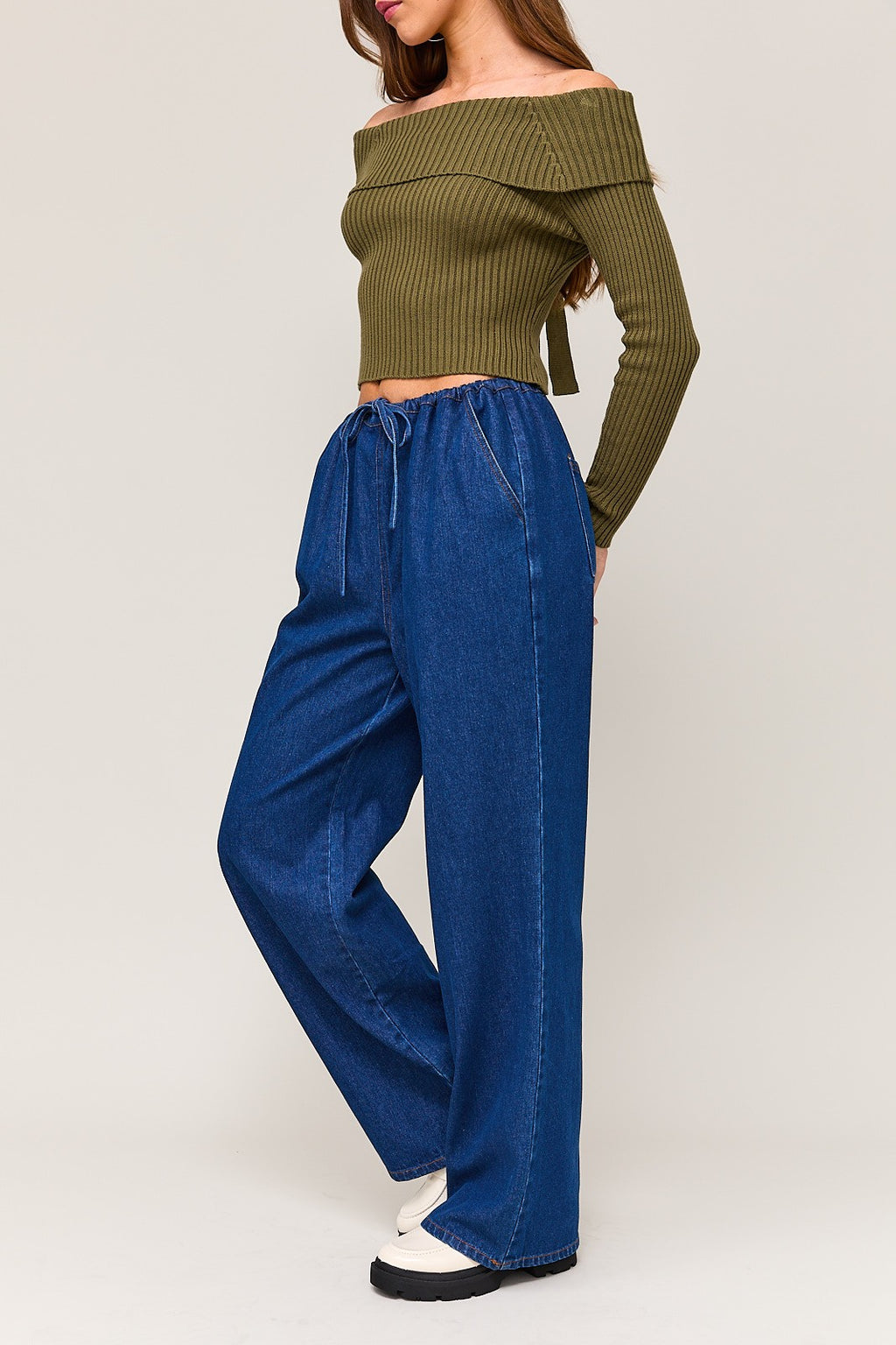 Waist Drawstring Detail Denim Pants