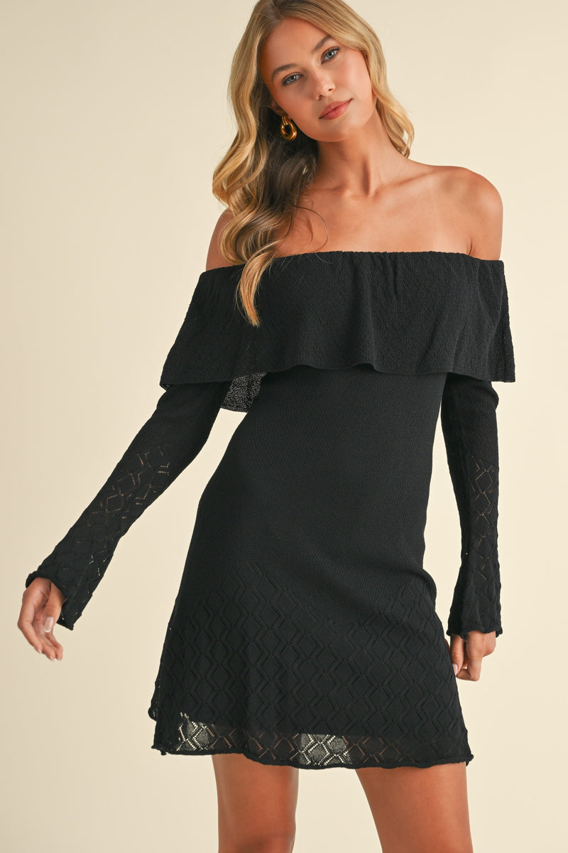 Pointelle Ruffle Off The Shoulder Mini Dress