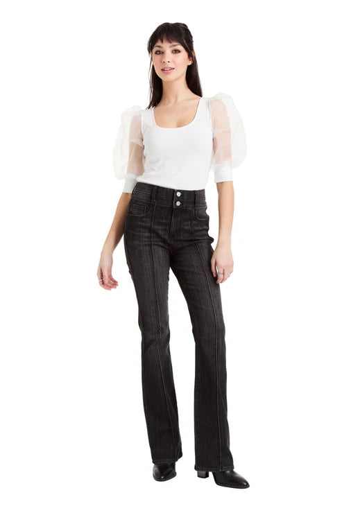 High-waisted pintuck flare jeans in dark wash, featuring a stylish double waistband and a fitted silhouette, perfect for Long Island boutique fashion.