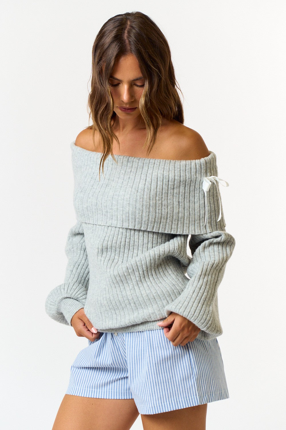 Off Shoulder Sweater With Bow