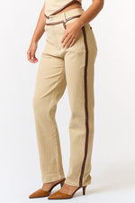 Contrast Leather Binding Straight Pants