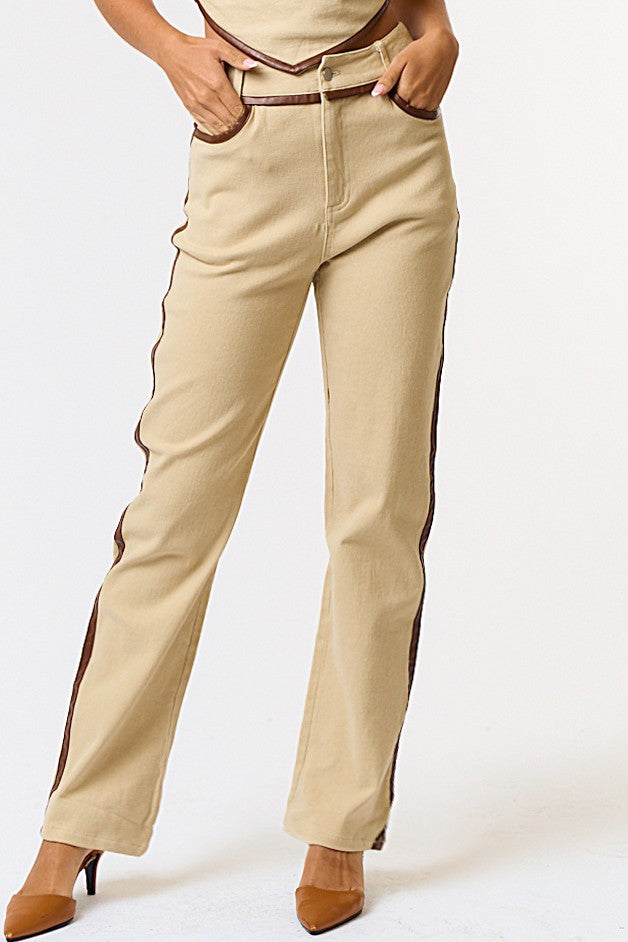 Contrast Leather Binding Straight Pants