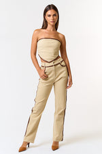 Contrast Leather Binding Straight Pants