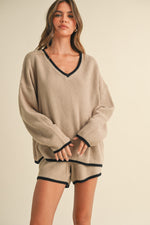 Contrast V-Neck Sweater Top And Shorts Set