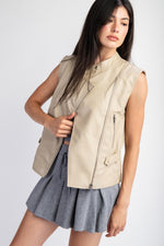 Faux Leather Sleeveless Biker Jacket