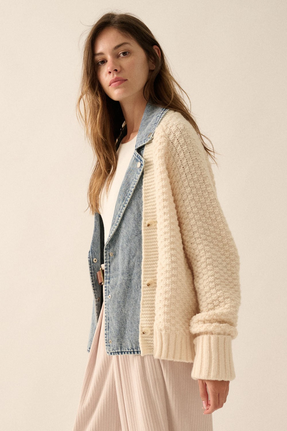 Color Block Denim Cable Knit Jacket