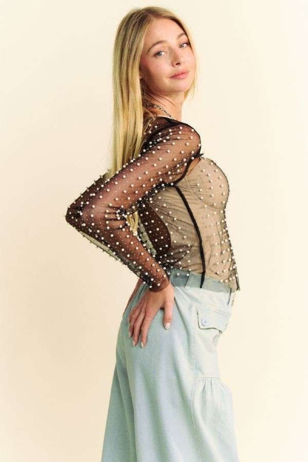 Bead And Pearl Embellished Mesh Top