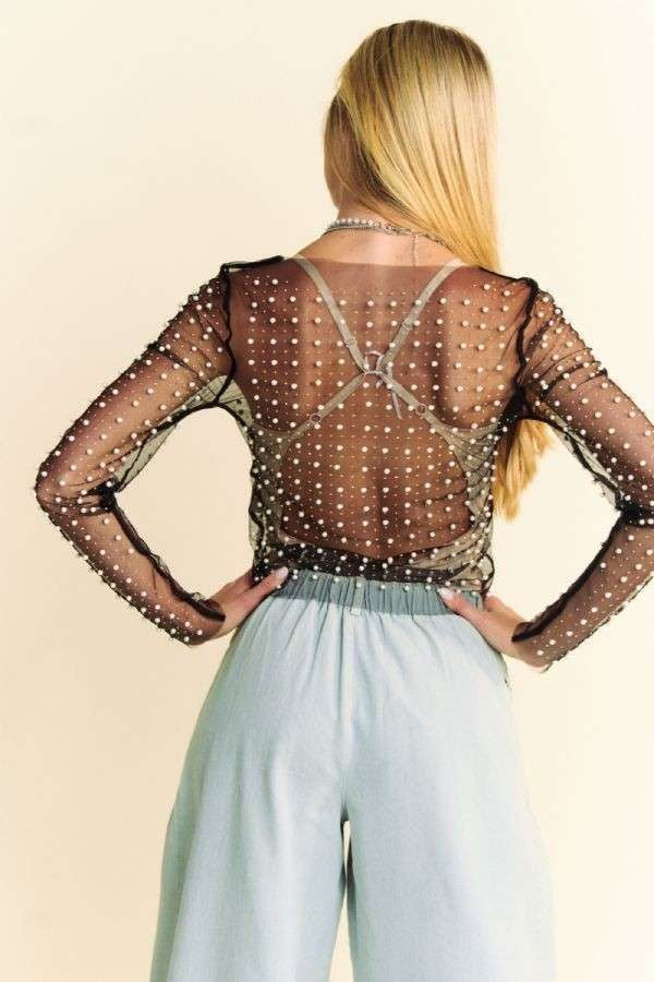 Bead And Pearl Embellished Mesh Top