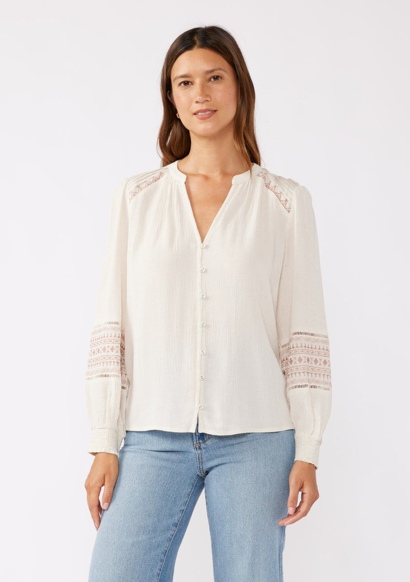 Embroidered Button Down Split Neck Blouse