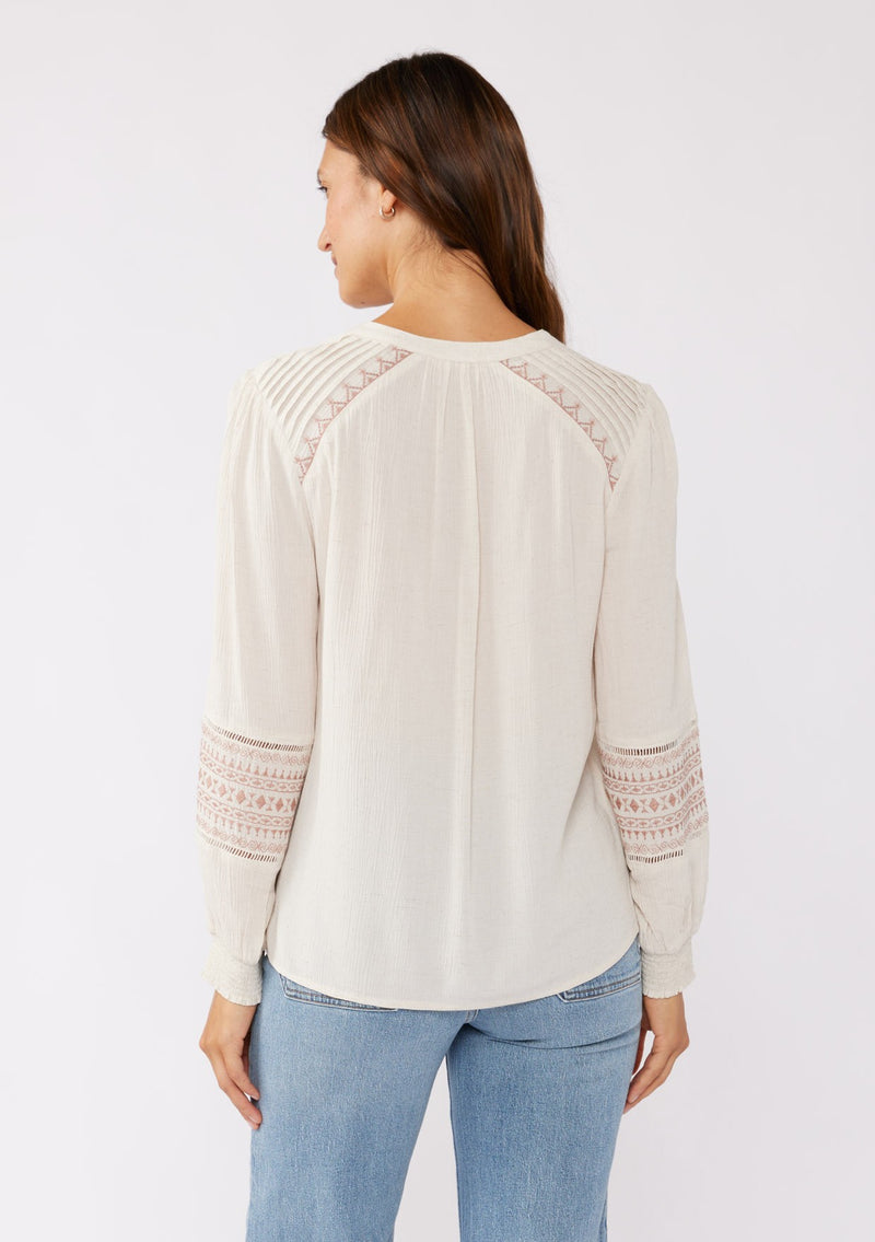 Embroidered Button Down Split Neck Blouse