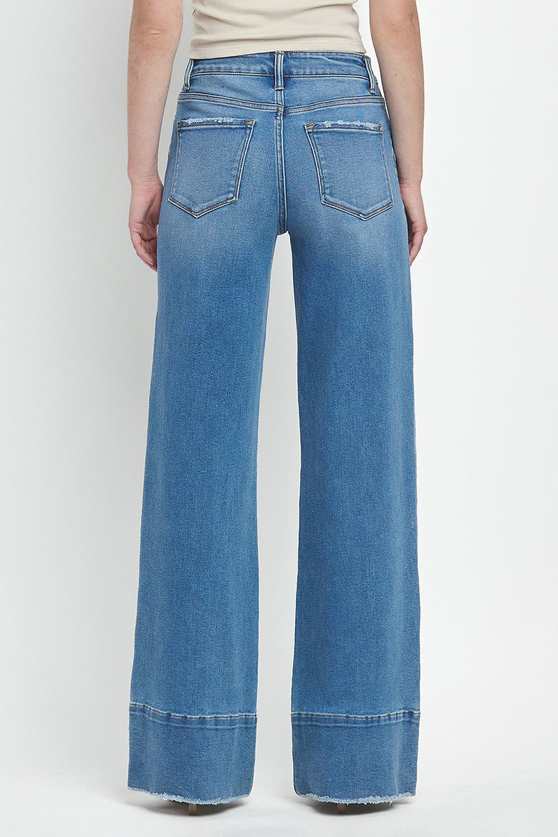 High Rise Raw Hem A Line Wide Jeans